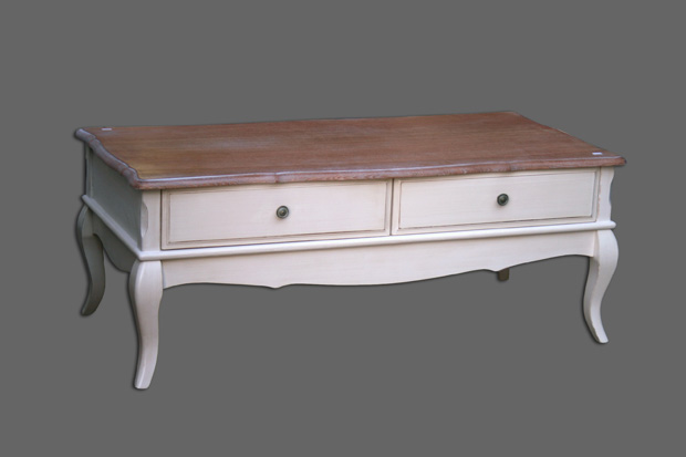 שולחן סלון פרובנס עם מגירות ומשטח עץ טבעי. מידות 120*60*48 