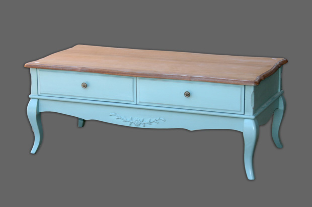 שולחן סלון פרובנס עם מגירות ומשטח עץ טבעי, בצבע תכלת מידות 120*60*48 