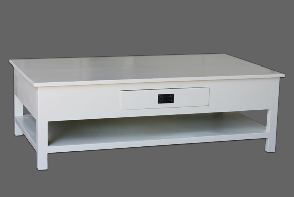 שולחן סלון כפרי בצבע לבן עם מדף ומגירה. מידות 140*80*46 