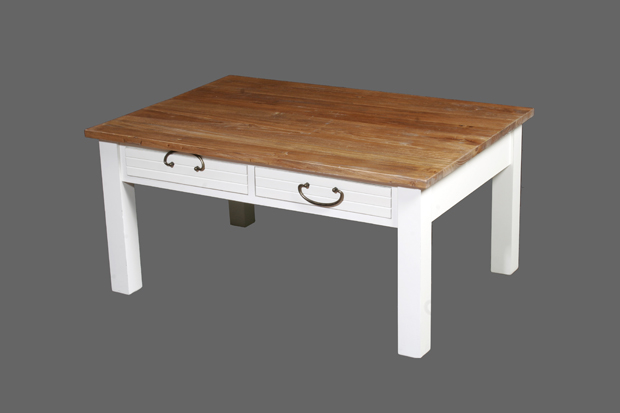שולחן סלון שמנת עם מגירות ומשטח עץ כפרי. מידות 100*70*48 